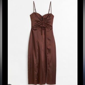 NWT BROWN SATIN MIDI DRESS WITH SLIT !